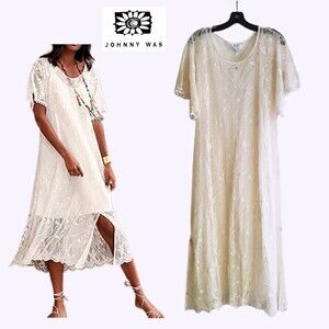 JOHNNY WAS NEW SAWYER Sheer Lace Fringe/Scallop Trim Midi Dress PL